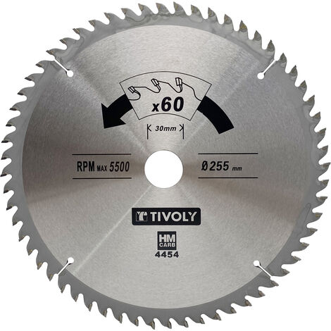 Tivoly • Lame de Scie Circulaire • Ø255mm • 60 Dents en Carbure • Excellente Finition • Pour Scie Portative • Pour Découpe du Bois Dur • Pour Découpe du Bois Stratifié