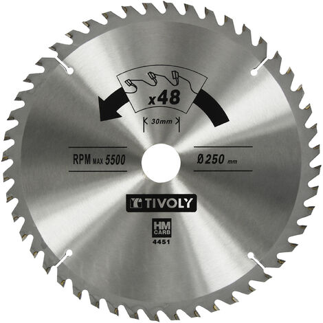 Tivoly • Lame de Scie Circulaire • Ø250mm • 48 Dents en Carbure • Excellente Finition • Pour Scie Portative • Pour Découpe du Bois