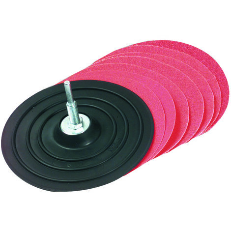 Tivoly • 9 Pièces • Plateau Ponceur Auto-Agrippant pour Perceuse & sa Monture • Caoutchouc • Ø125mm • Tige Ø8mm • 8 Disques Abrasives