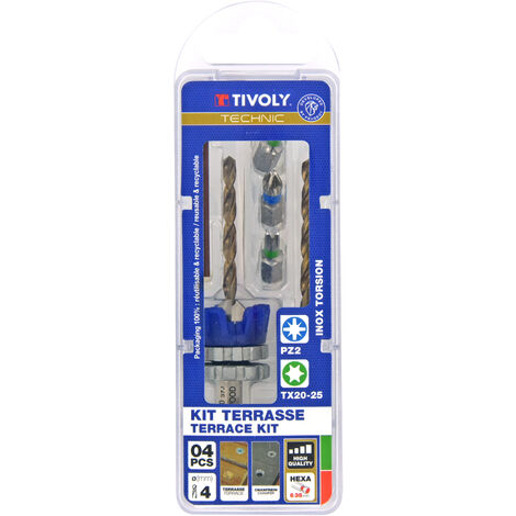 Tivoly • Kit Terrasse • Foret Ø4mm avec Fraisoir • Mèche & Fraise 2 en 1 Bois-Métal • 3 Embouts de Vissage INOX • Foret de Rechange Fourni • Butée de Profondeur Réglagle