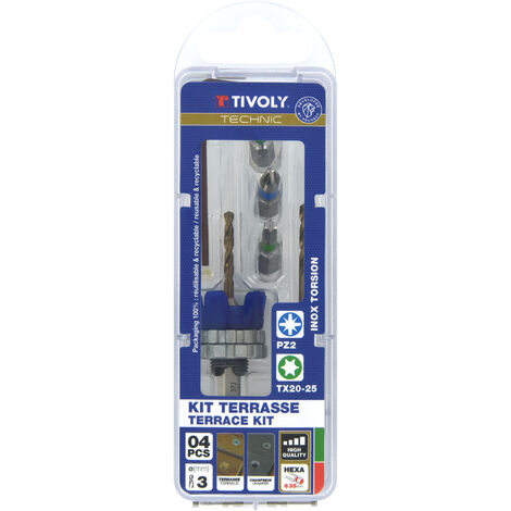 Tivoly • Kit Terrasse • Foret Ø3mm avec Fraisoir • Mèche & Fraise 2 en 1 Bois-Métal • 3 Embouts de Vissage INOX • Foret de Rechange Fourni • Butée de Profondeur Réglagle