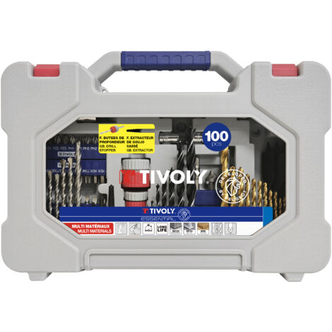 Tivoly •  Coffret Forets + Embouts + Extracteurs - Mallette 100 Pièces : 14 Forets Métaux, 8 Forets Bois et 4 Mèches Bois, 7 Forets Béton, 4 Extracteurs, 50 Embouts de Vissage et Autres Accessoires
