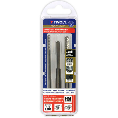Tivoly •  2 fraises limes rotatives carbure Ø 4 - 6 mm Longueur 80mm + 1 foret carbure destructeur de verrou 