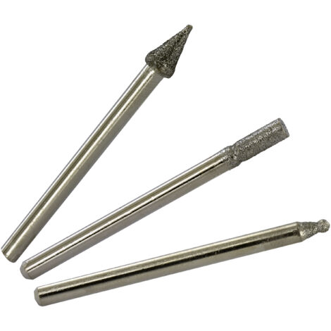 Tivoly •  3 Mini-Fraises Diamant Ø2-3-4,5 mm (boule, cylindrique, flamme) •  Tige Ø3mm • Adapté à un usage sur mini perceuse type Dremel (1/3)