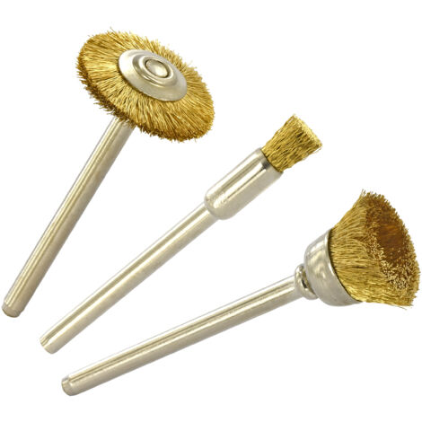 Tivoly •  3 Mini-Brosses Laiton Ø5-12-19 mm (pinceau, coupe, circulaire) •  Tige Ø3mm • Adapté à un usage sur mini perceuse type Dremel (1/3)