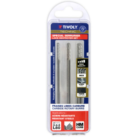 Tivoly • 3 fraises limes rotatives carbure Ø 3 - 4 - 6 mm Longueur 80mm - Denture normale avec brise copeaux