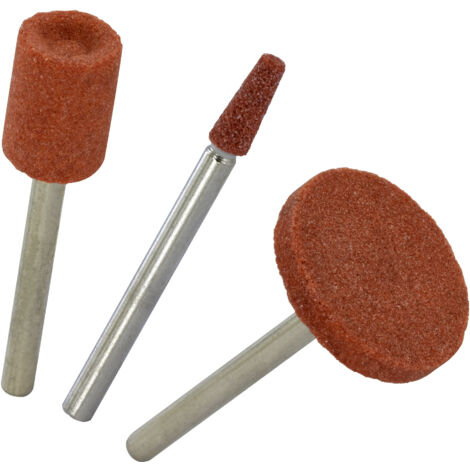 Tivoly •  3 Mini-Meules en Oxyde d'Aluminium Ø3-9.9-20 mm (conique, cylindrique, circulaire) •  Tige Ø3mm • Adapté à un usage sur mini perceuse type Dremel (1/3)