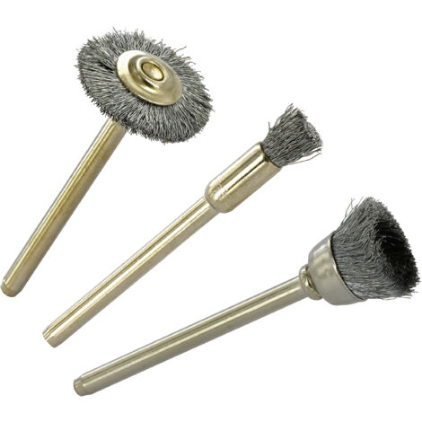 Tivoly •  3 Mini-Brosses Acier (pinceau, coupe, circulaire) •  Tige Ø3mm • Adapté à un usage sur mini perceuse type Dremel (1/3)