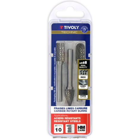 Tivoly •  3 fraises limes rotatives carbure Ø 10mm Denture normale avec brise copeaux queue de 6mm 