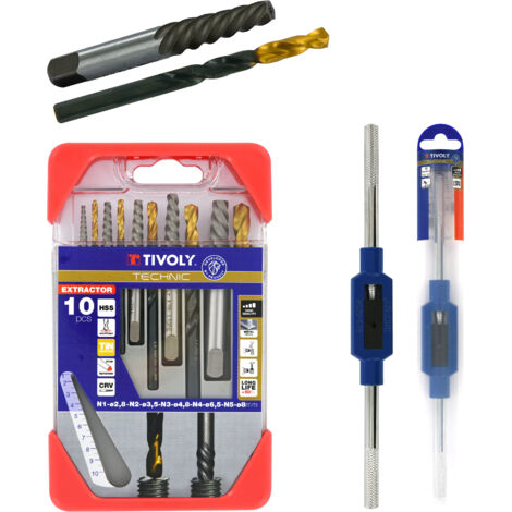 Tivoly •  Lot de : 1 coffret d' extracteurs de goujons cassés 10pcs + 1 porte-tarauds N°2 M4-M12 