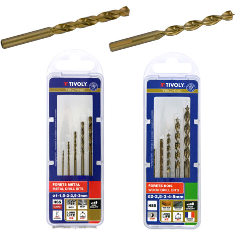 Tivoly •  Lot de 5 forets bois speed point Ø 2 à 5mm + 5 forets métaux HSS-E5 (Cobalt 5%) gradués SLR pointe en croix Ø 1 à 3mm 