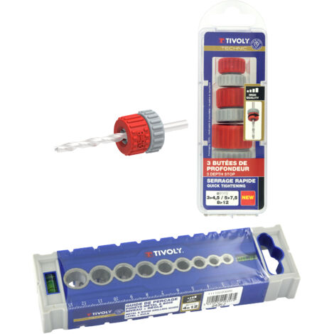 Tivoly • Lot guide perçage PILOT 5 de Ø4 à 12mm + 3 butées de profondeur réglable pour foret de 3-5/5-8/8-12mm