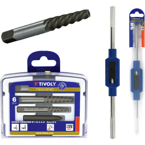 Tivoly • Kit Extracteurs de Vis Cassées M4 à M18 + Tourne-à-Gauche N°2 M4 à M12 - 5 Extracteurs HCS + 1 X-Out Ø2 à 8 mm + Porte-Taraud n°2 M4-M12 en Zamak