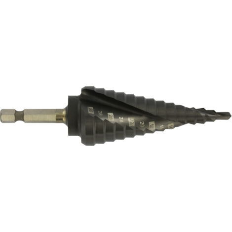 Tivoly • Foret conique étagé HSS -Revêtu TiAlN -Shock serie -Hélicoïdal -Pointe en croix -Queue hexagonale (Boite brochable) / ØMin/Max : 4/30