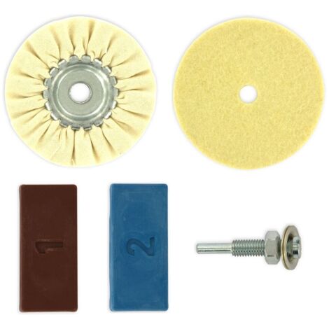 Tivoly • Kit 5 PCS polissage pour perceuse  1 disque Coton Ø85mm alesage 10mm  1 disque Feutre Ø85mm alesage 10mm  un arbre Ø6mm  2 pates à polir