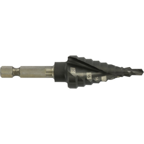 Tivoly • Foret conique étagé HSS -Revêtu TiAlN -Shock serie -Hélicoïdal -Pointe en croix -Queue hexagonale (Boite brochable) / ØMin/Max : 4/20