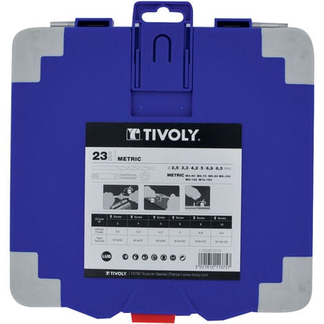 Tivoly • Mallette 23 PCS 6 tarauds DIN 352 HSS GUN + 6 Filières HSS + 4 accessoires M3 à M10 + 6 Forets métaux HSS Cobalt
