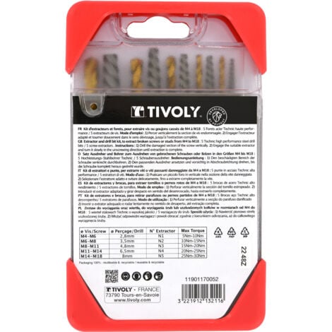 Tivoly • Coffret de 10pcs, contenant 5 Extracteurs de goujons et vis cassées N1, N2, N3, N4, N5 et 5 Forets HSS STEAM TIN assortis D2,5-3,2-4,8-6,5-8mm