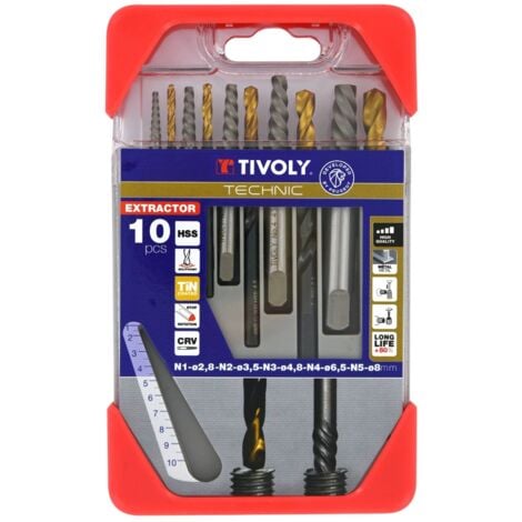 Tivoly • Coffret de 10pcs, contenant 5 Extracteurs de goujons et vis cassées N1, N2, N3, N4, N5 et 5 Forets HSS STEAM TIN assortis D2,5-3,2-4,8-6,5-8mm