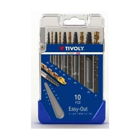 Tivoly • Coffret de 10pcs, contenant 5 Extracteurs de goujons et vis cassées N1, N2, N3, N4, N5 et 5 Forets HSS STEAM TIN assortis D2,5-3,2-4,8-6,5-8mm