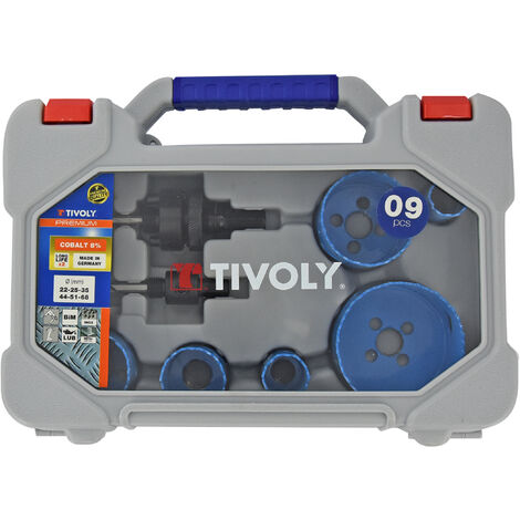 Tivoly • Mallette 9 pièces - 6 Scies cloches BIMETAL COBALT 8% PREMIUM Ø 22 à 68mm + 2 pilotes + 1 clé Allen