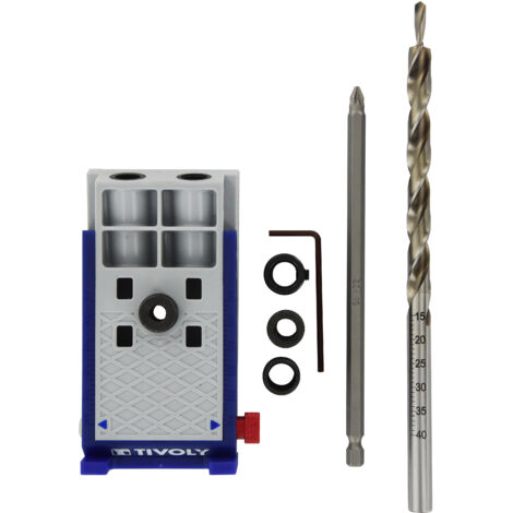 Tivoly • Kit 8pcs "Assemblage invisible", avec guide angle 15°, Foret étagé Ø9,5x200mm, Embout de vissage Pz2 Lg 150mm
