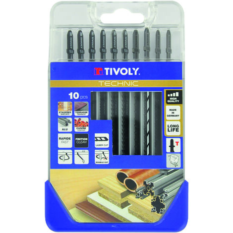Tivoly • Coffret 10 lames de scie sauteuse pour le bois, mélaminés et métaux non ferreux -Attache T