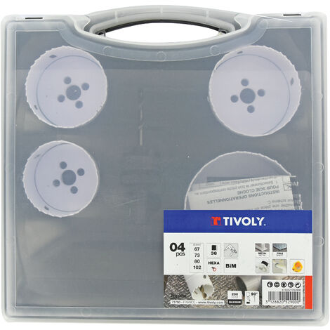 Tivoly • Malette de 5 pièces - 4 scies cloches bi-métal HSS Ø 67 à 102mm + 1 arbre pilote 