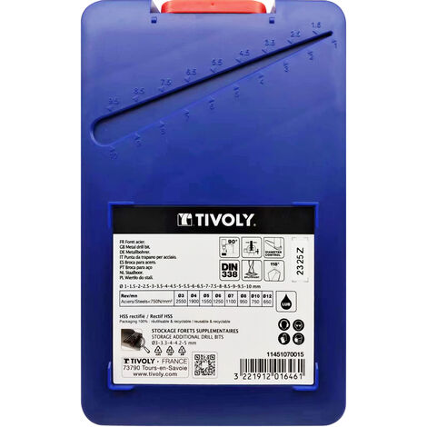 Tivoly • Coffret 19 forets métaux HSS rectifiés pointe en croix Ø 1 à 10mm par 1/2