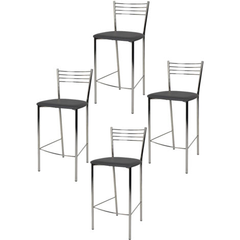Tommychairs - Set 4 sgabelli alti modello Elena per cucina e bar, struttura in acciaio cromato e seduta imbottita e rivestita in pelle artificiale colore grigio scuro (1/5)