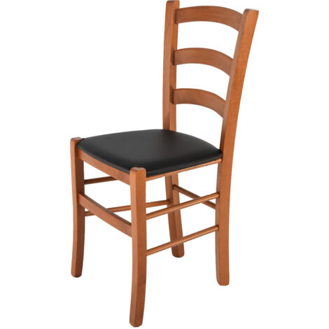 Tommychairs - Sedia modello Venice per cucina bar e sala da pranzo, robusta struttura in legno di faggio color ciliegio e seduta rivestita in pelle artificiale colore nero (1/5)