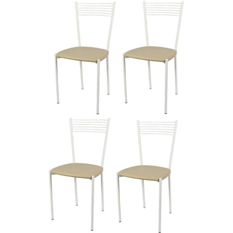 Tommychairs - Set 4 sedie modello Elegance per cucina bar e sala da pranzo, struttura in acciaio verniciata colore bianco e seduta imbottita e rivestita in pelle artificiale colore lino