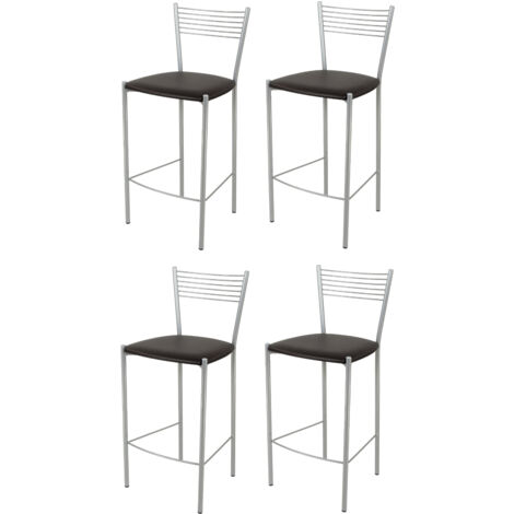 Tommychairs - Set 4 sgabelli alti modello Elegance per cucina e bar, struttura in acciaio verniciata colore alluminio e seduta imbottita e rivestita in pelle artificiale colore moka