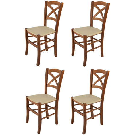 Tommychairs - Set 4 sedie modello Cross per cucina bar e sala da pranzo, robusta struttura in legno di faggio color noce chiaro e seduta rivestita in tessuto colore canapa (1/5)