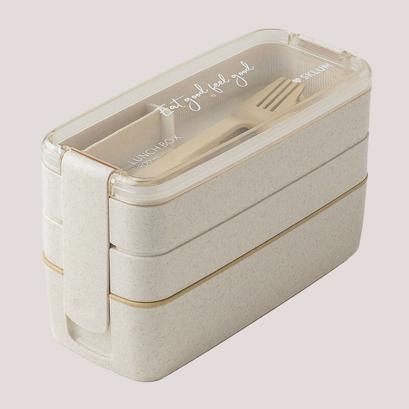 SKLUM Lunchbox Bento Box Tapioca 900 ml Braun Besteck Suaret mit