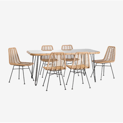 SKLUM Set aus rechteckigem Tisch aus synthetischem Korbgeflecht (180 x 90 cm) Leribert und 6 Gartenstühlen aus synthetischem Rattan Na Natürlich (1/5)