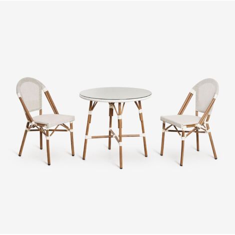 SKLUM Brielle Bistro rundes Tischset (80 cm Durchmesser) und zwei stapelbare Aluminium-Gartenstühle Gardenia Weiß (1/5)