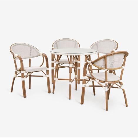 SKLUM Brielle Bistro rundes Tischset, Ø80 cm, und 4 stapelbare Esszimmerstühle aus Aluminium mit Armlehnen. Gardenia Weiß (1/5)