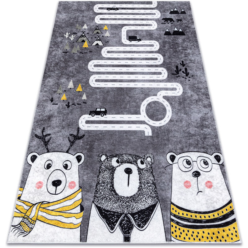 Tappeto lavabile JUNIOR 52107.801 Orsi, animali, strade per bambini  antiscivolo - grigio grey 120x170 cm