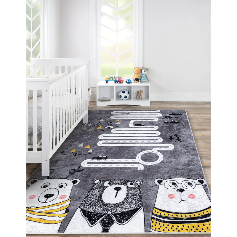 Tappeto lavabile JUNIOR 52107.801 Orsi, animali, strade per bambini  antiscivolo - grigio grey 120x170 cm