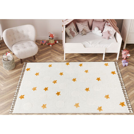 Tappeto Bambini Con Stelle – 120x170 Cm, Colori Crema E Blu, Morbido, Lavabile, Per Cameretta O Sala Giochi