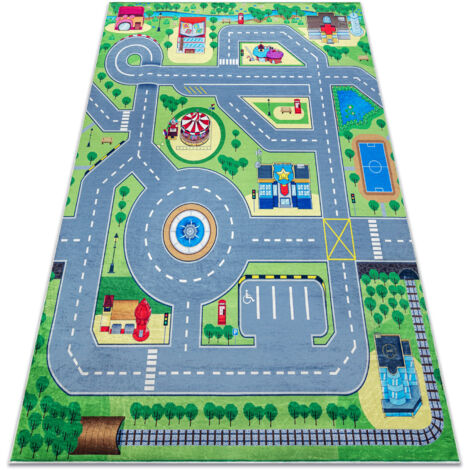 Tappeto FUN Route per bambini, strada, animali verde 180x270 cm