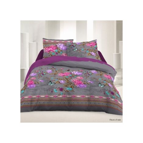 Housse de couette 2 places 220 x 240 cm coton 42 Fils - Fleurs d'asie