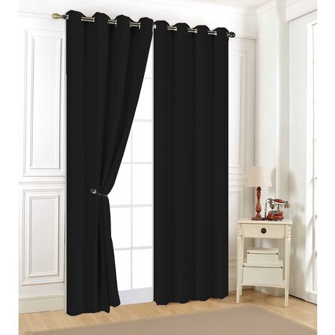 Lot de 2 rideaux UNI Aveline 140 x 240 cm – 100 % microfibres – 8 anneaux pour installation facile – Noir – Rêves & Déco