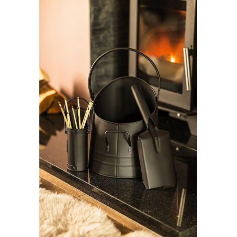 Heavy Duty Fireside Storage set Coal Bucket Set Metal Black Coal Scuttle Shovel & Match Canister (1/5)