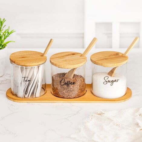 Glass Tea Coffee Sugar Canisters Set with Lids Hot Chocolate Station Glass Storage Jars with Lids Cocoa Powder Spices Herbs Home and Kitchen Accessories House Essentials Storage Containers