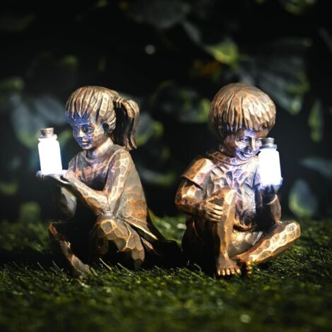 Boy and Girl Figurines Fairy Solar Light Firefly Jar Solar Powered Garden Ornament Resin Garden Decor Gardens Funny Novelty Gift Fairy Outdoor Gardens Patio Decor