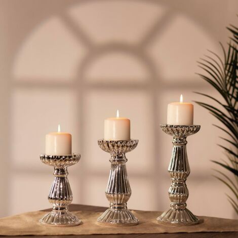 3pc Pillar Candle Holder Set Large Silver Table Centrepiece for Livingroom Fireplace Decorations Dining Room Decorations Mantel Decoration Vintage Antique Ideal for Special Events