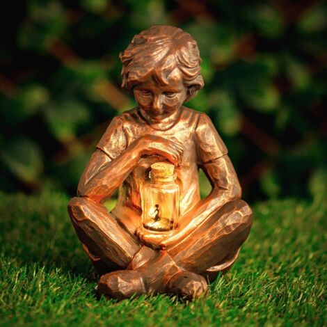 Solar Boy Statue Firefly Jar with Solar Powered Light Lantern Bronze Effect Resin Garden Ornaments Weatherproof Durable Patio Lawn Home Garden Statues Balcony Décor
