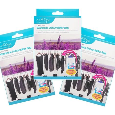 Wardrobe Dehumidifier Bags 3 Pack Hanging Moisture Absorber Lavender Scent Disposable Damp Condensation Absorber 3–6 Weeks (1/5)